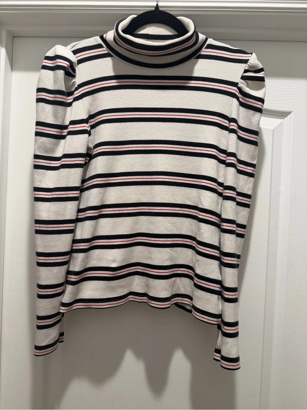 Veronica Beard Striped Puff Sleeve Turtleneck Sweater Ivory Black Red - Medium